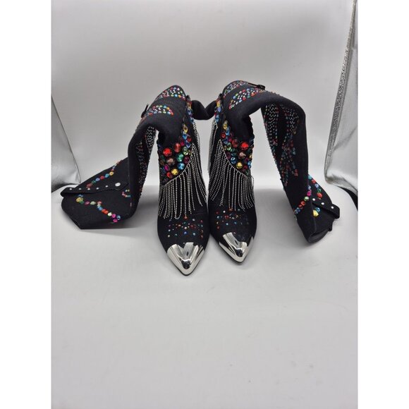 Gianni Bini Women's Boots Size 7 Kaitlin Rhinestone Fringe Denim Cowboy Black - Picture 8 of 14